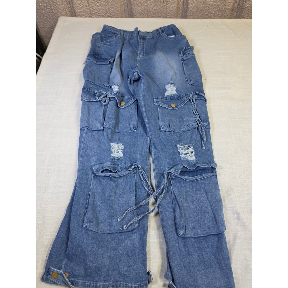 Distressed Multi Pocket Cargo Jeans Medium Wash Utility Denim XL